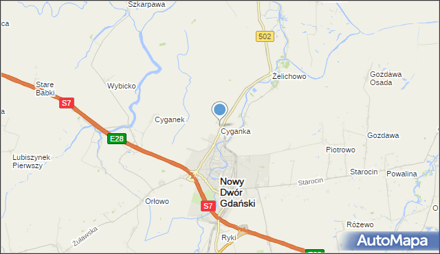 mapa Cyganka, Cyganka gmina Nowy Dwór Gdański na mapie Targeo
